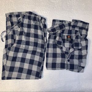 Men’s S HANES Gray Navy Buffalo Plaid 2-PC Flannel Pajama Set Top & Bottoms NEW